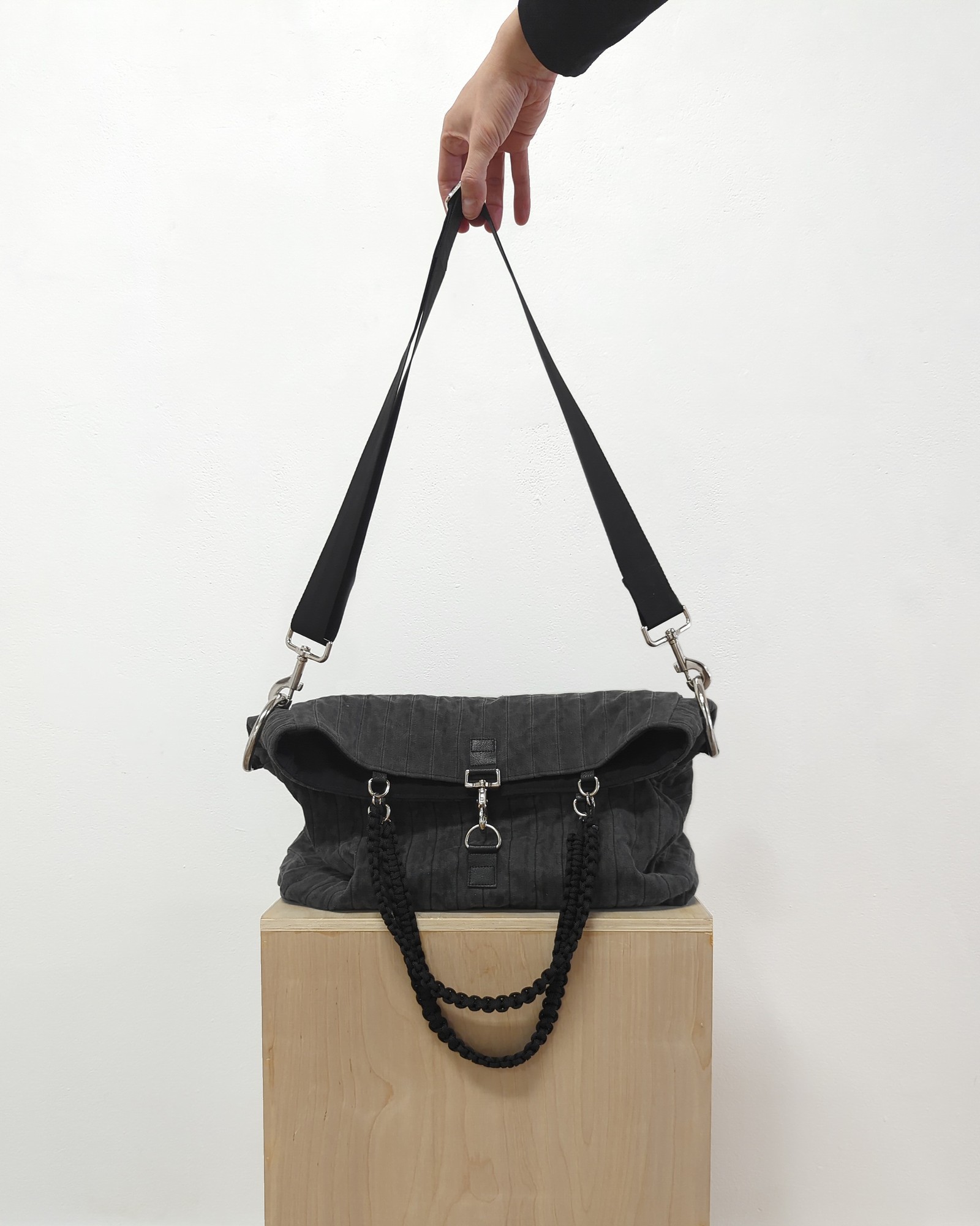 cotton and cow leather foldover bag