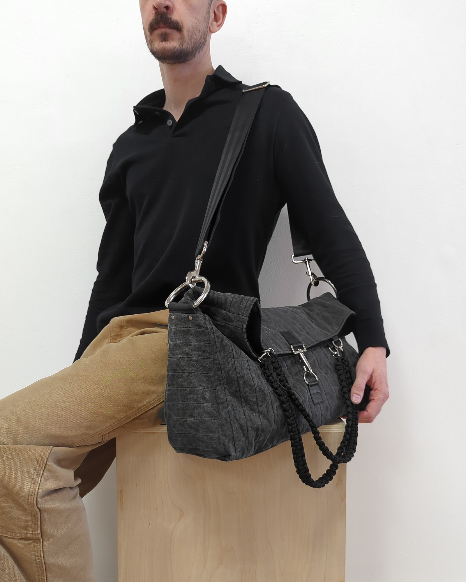 cotton and cow leather foldover bag